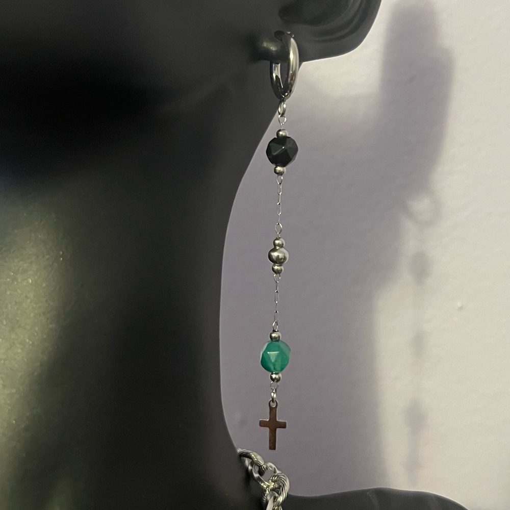 Natural Stone Agate Bead Ear Huggies w Cross Charms - Picture 2 of 2